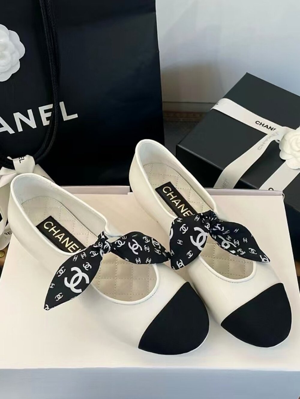 CHANEL Two-Tone Cap Toe Silk Bow Ballet Flats